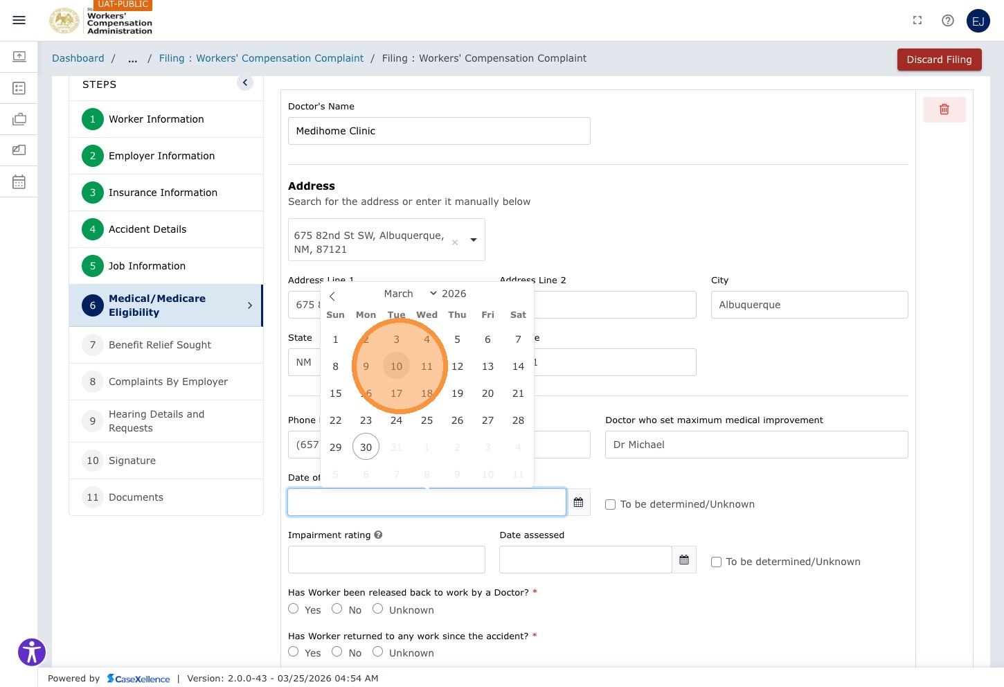 MMI date calendar picker — day 10 highlighted