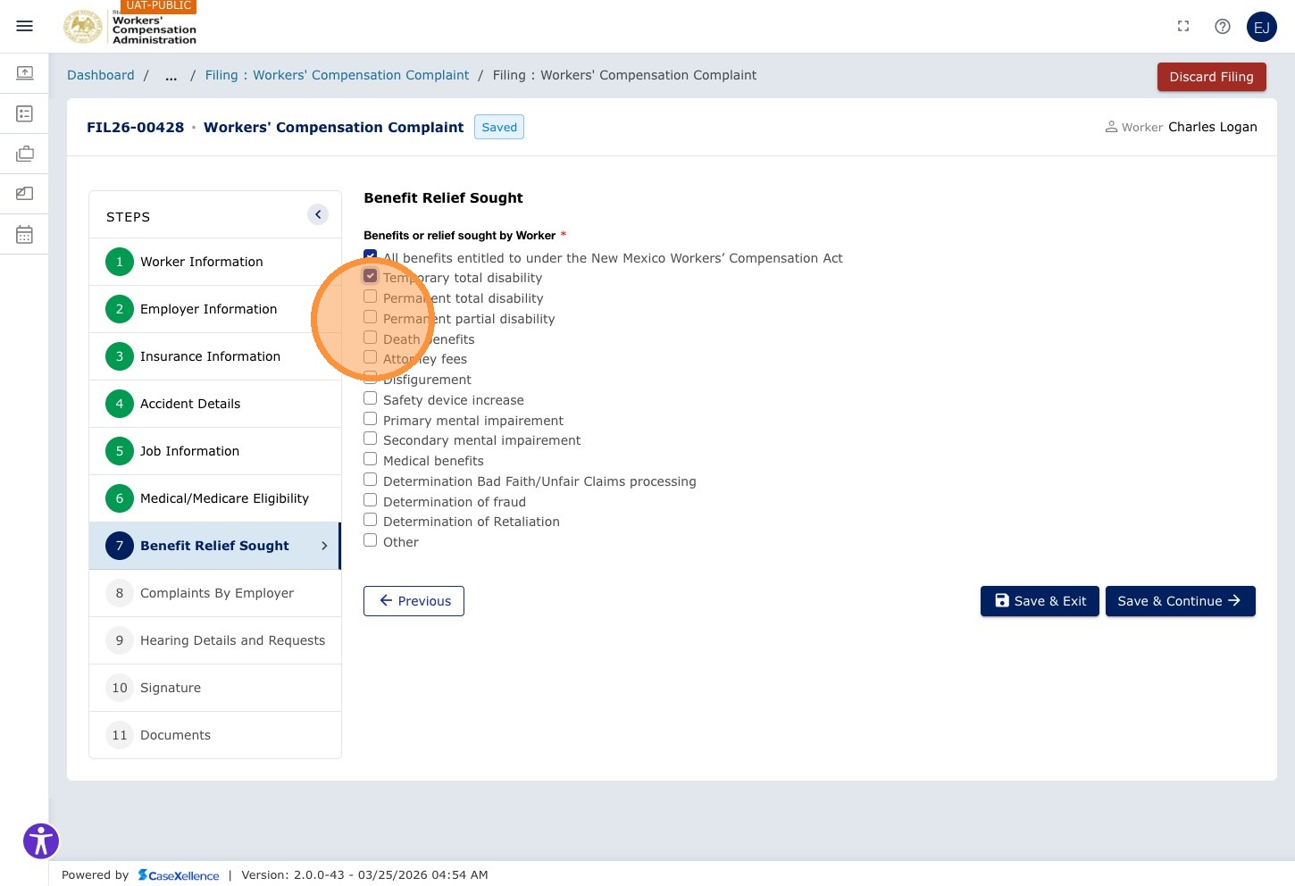 Benefits — Permanent partial disability checkbox highlighted