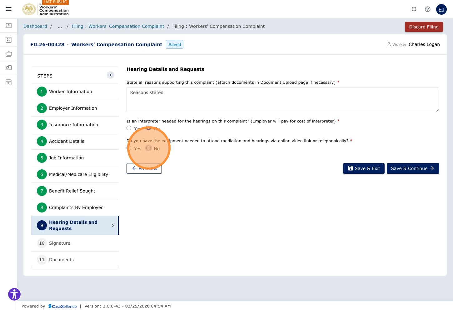 Hearing details and requests — second Yes/No field highlighted (No selected)