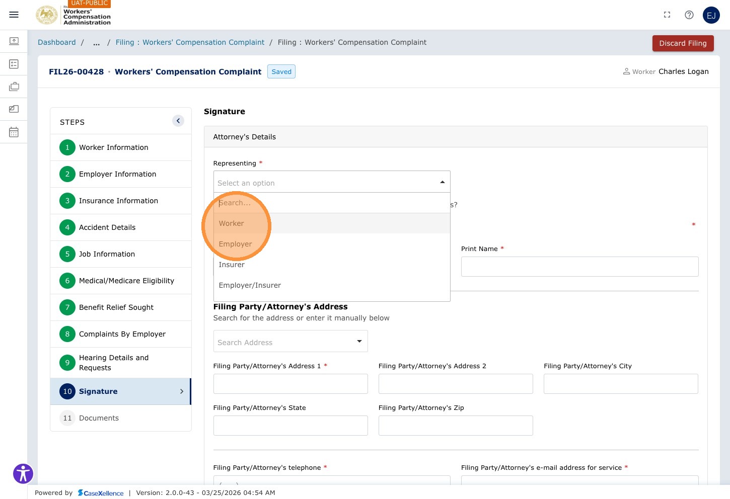 Filing party type dropdown — Worker option highlighted