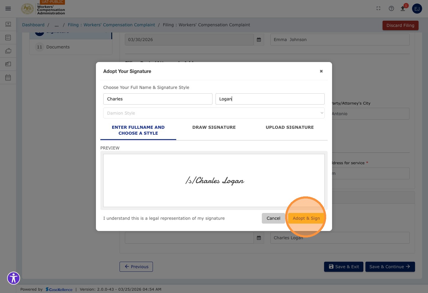 Signature — Adopt & Sign button highlighted for typed name method