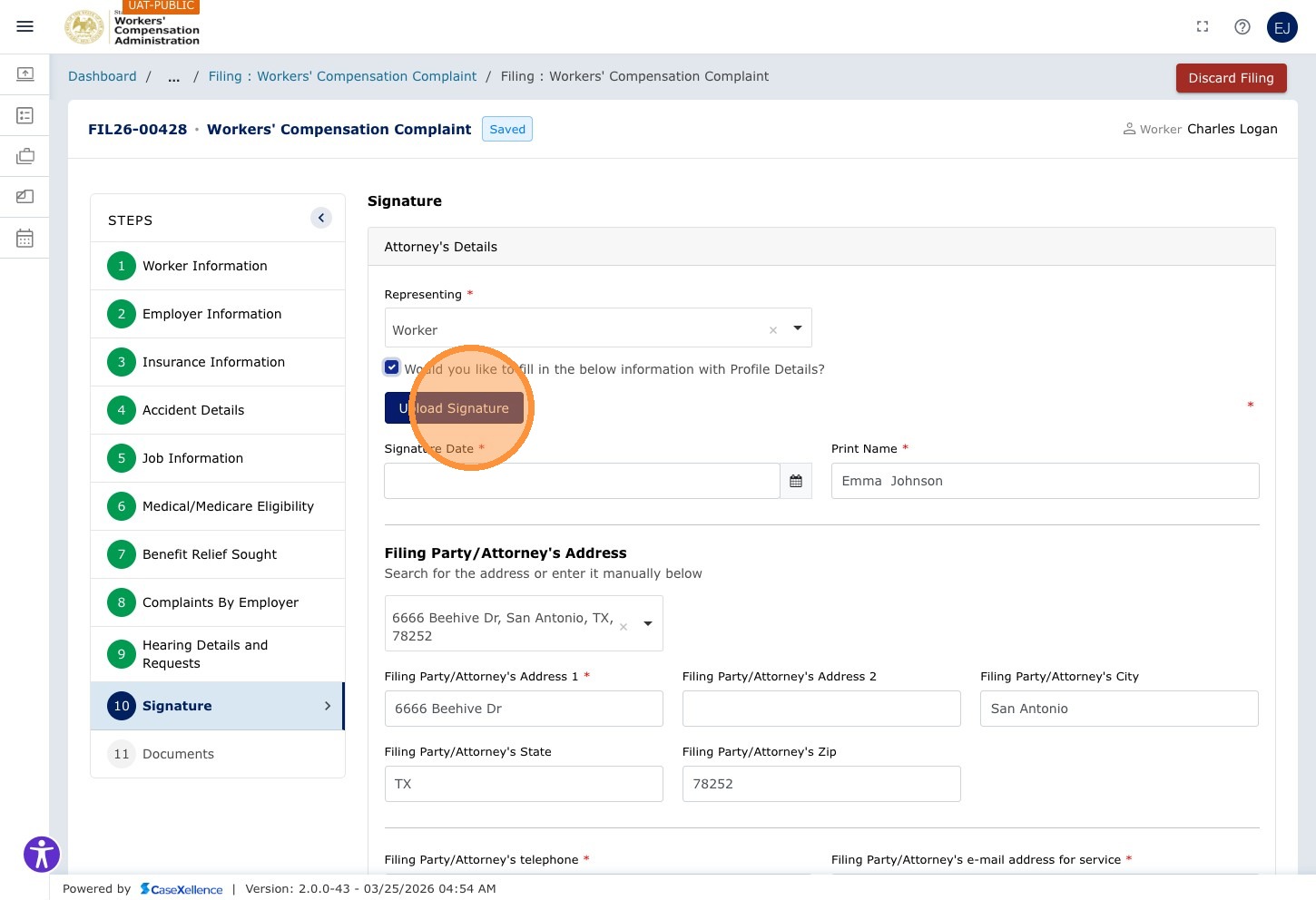 Signature chapter — Upload Signature option highlighted