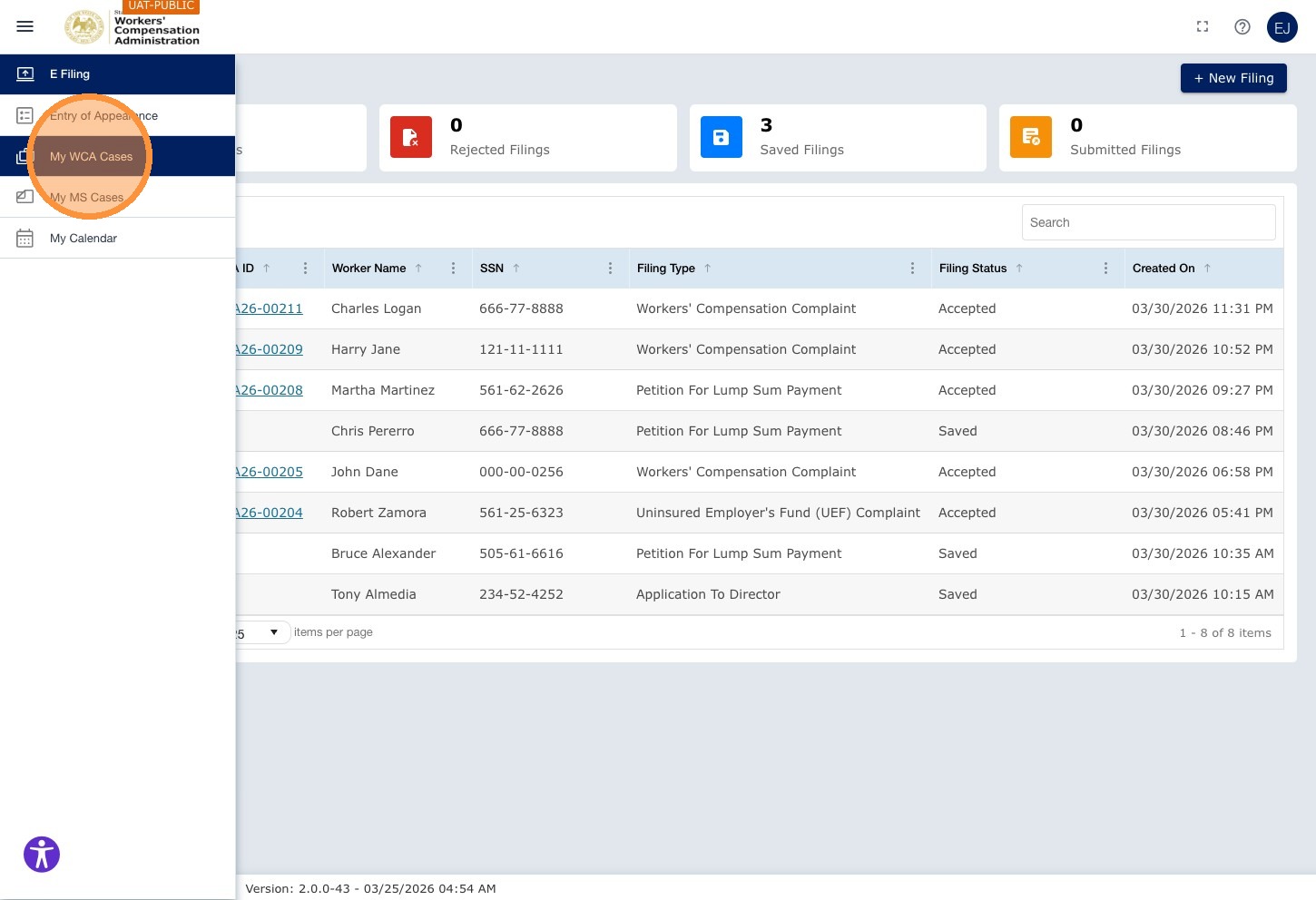 Left navigation — My WCA Cases item highlighted