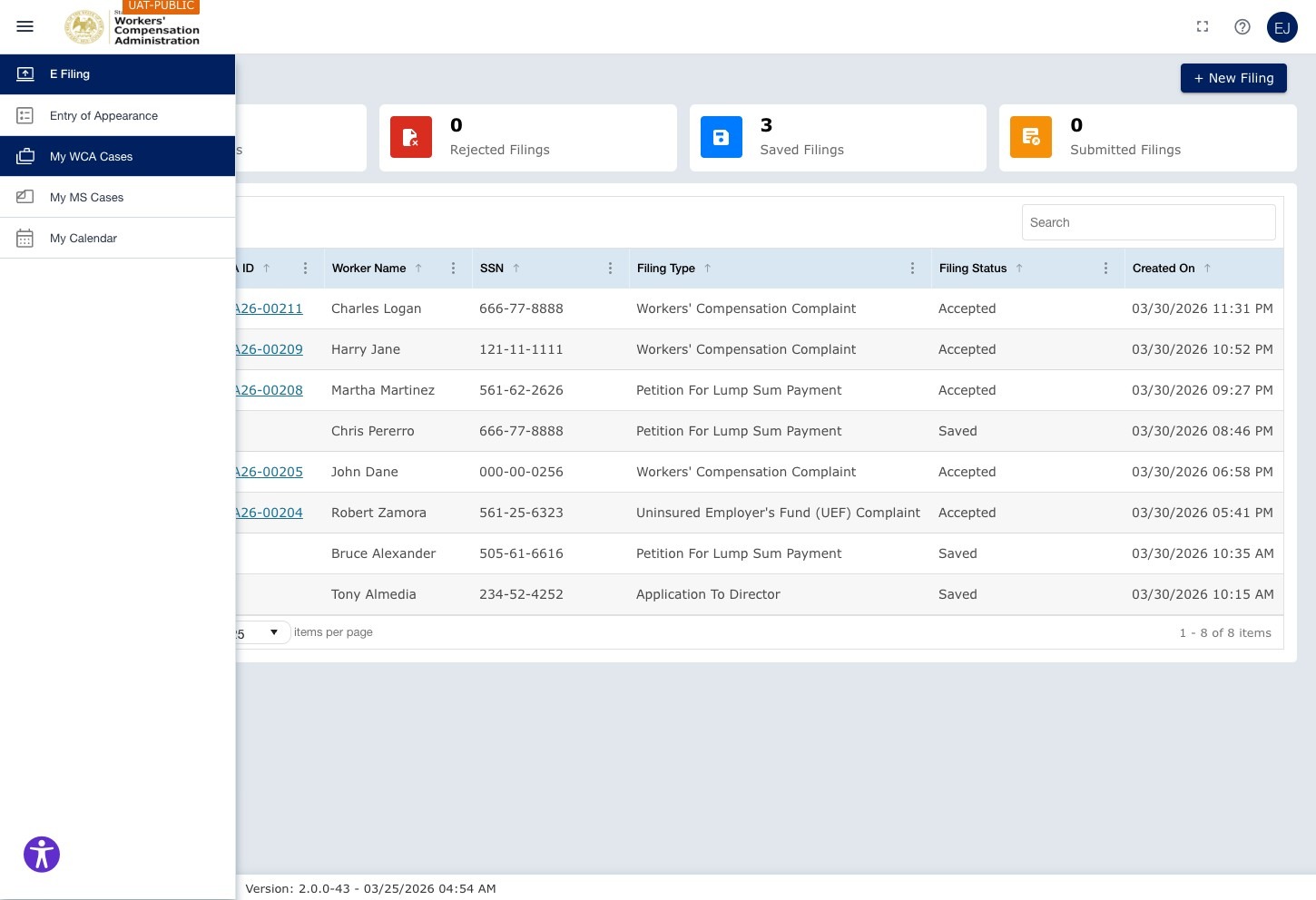 ECF Portal Dashboard — left navigation menu open showing E Filing, Entry of Appearance, My WCA Cases (highlighted), My MS Cases, My Calendar. Filing tiles: Rejected Filings, Saved Filings, Submitted Filings. Filing grid visible with cases including WCA26-00211 (Charles Logan, Accepted).