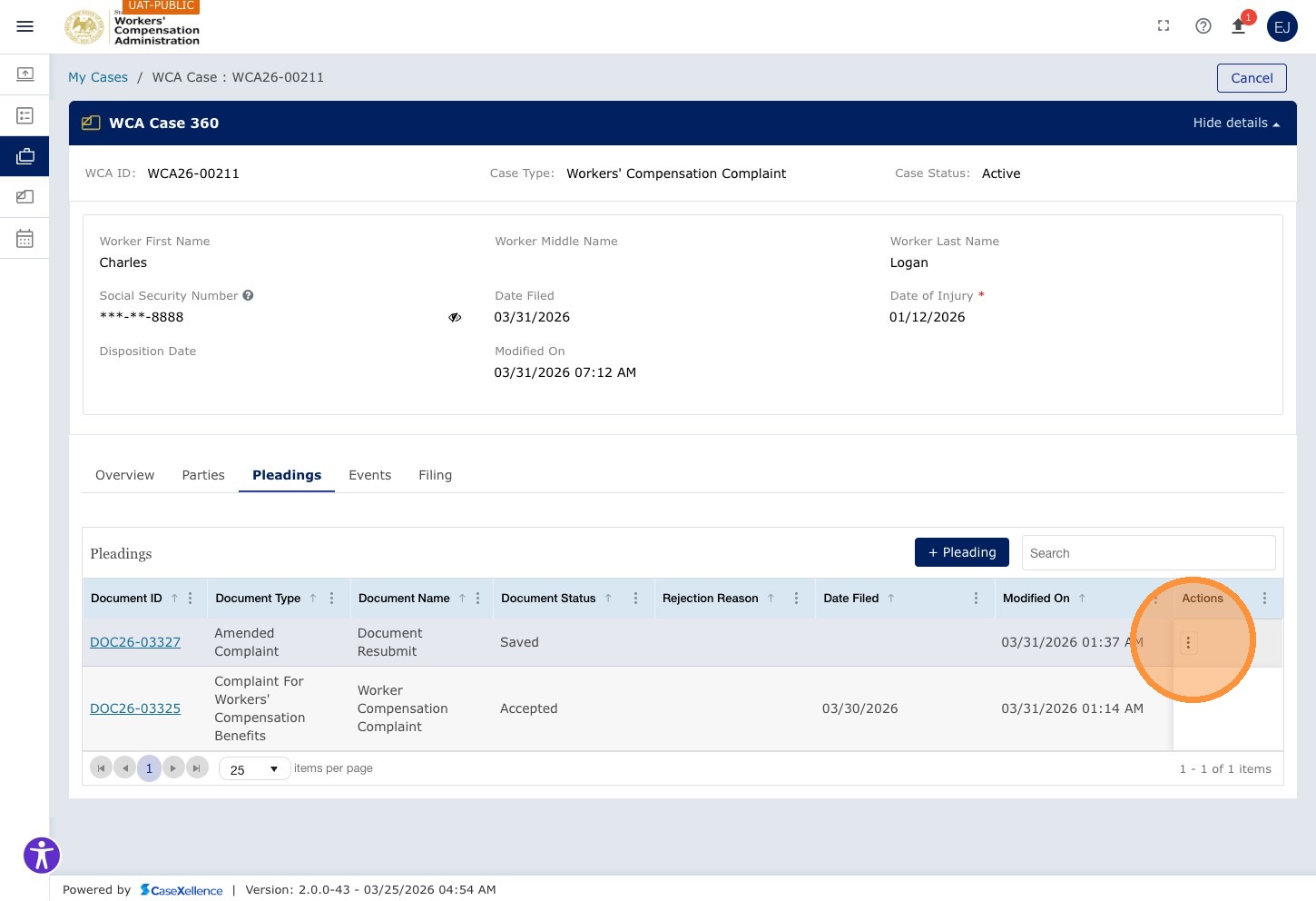 Pleadings grid — newly saved pleading visible with Saved status. Actions menu (three-dot ⋮) icon highlighted on the new pleading row.
