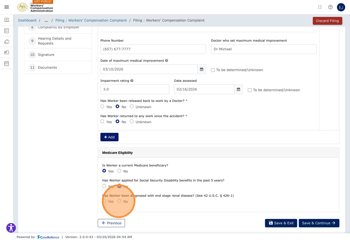 Medical Information — fifth Yes/No field highlighted (No selected)