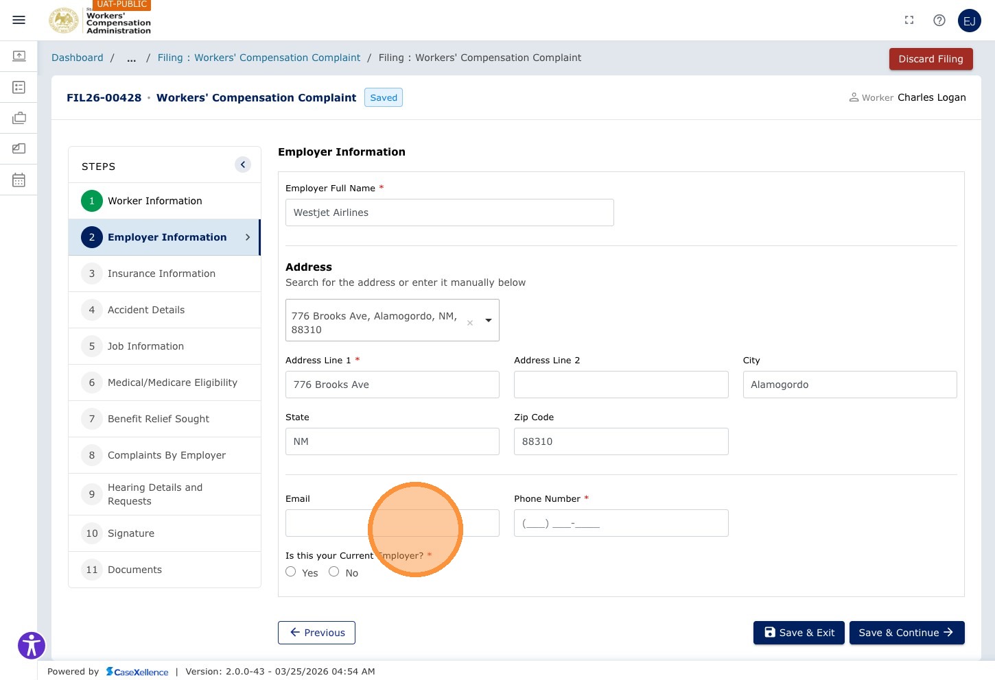 Employer Information — Email field highlighted