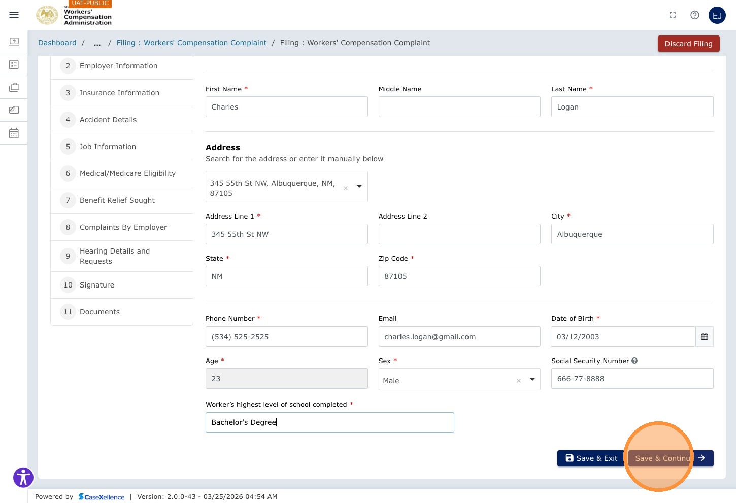 Worker Information — Save & Continue button highlighted