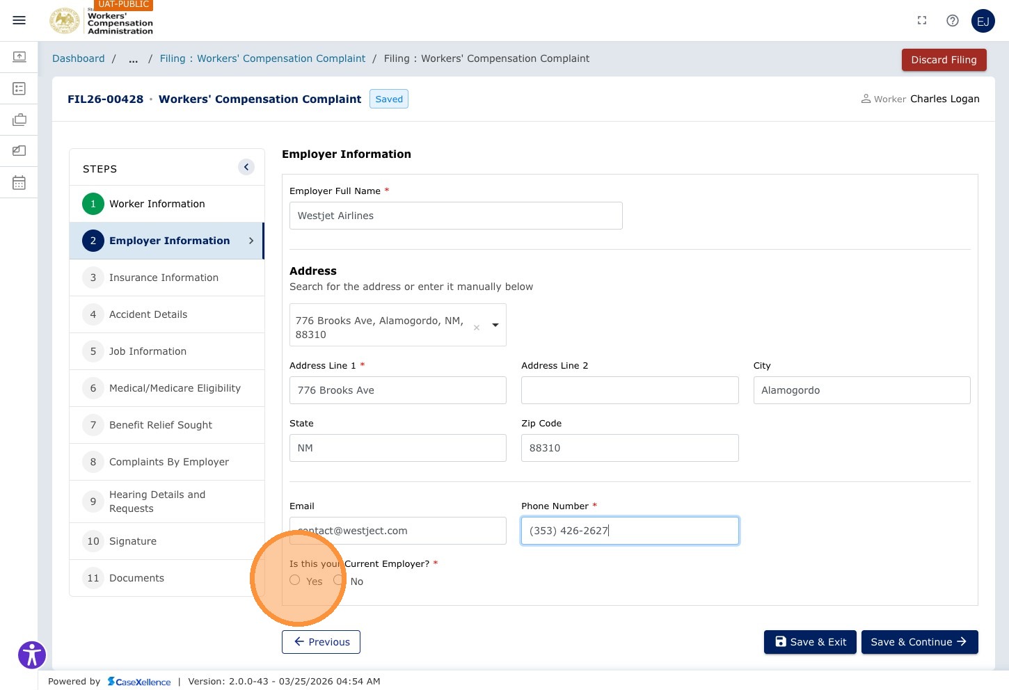 Employer Information — Yes field highlighted for employer insured status