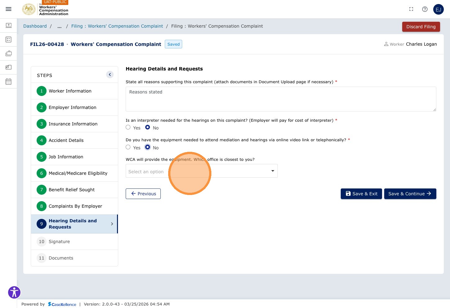 Hearing details and requests — WCA office dropdown showing Select an option