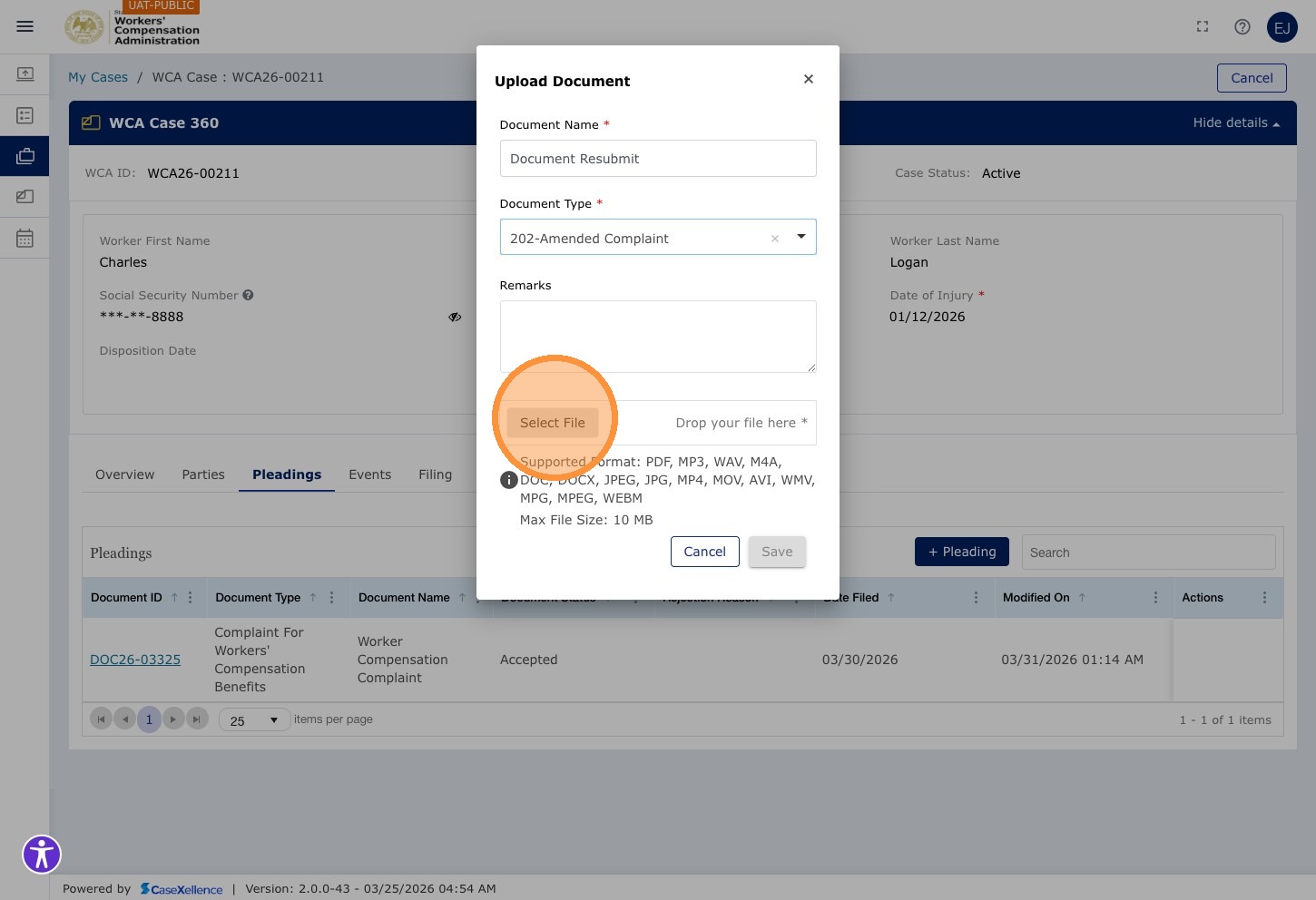 Upload Document modal — Select file button highlighted. Document Name and Document Type already filled.