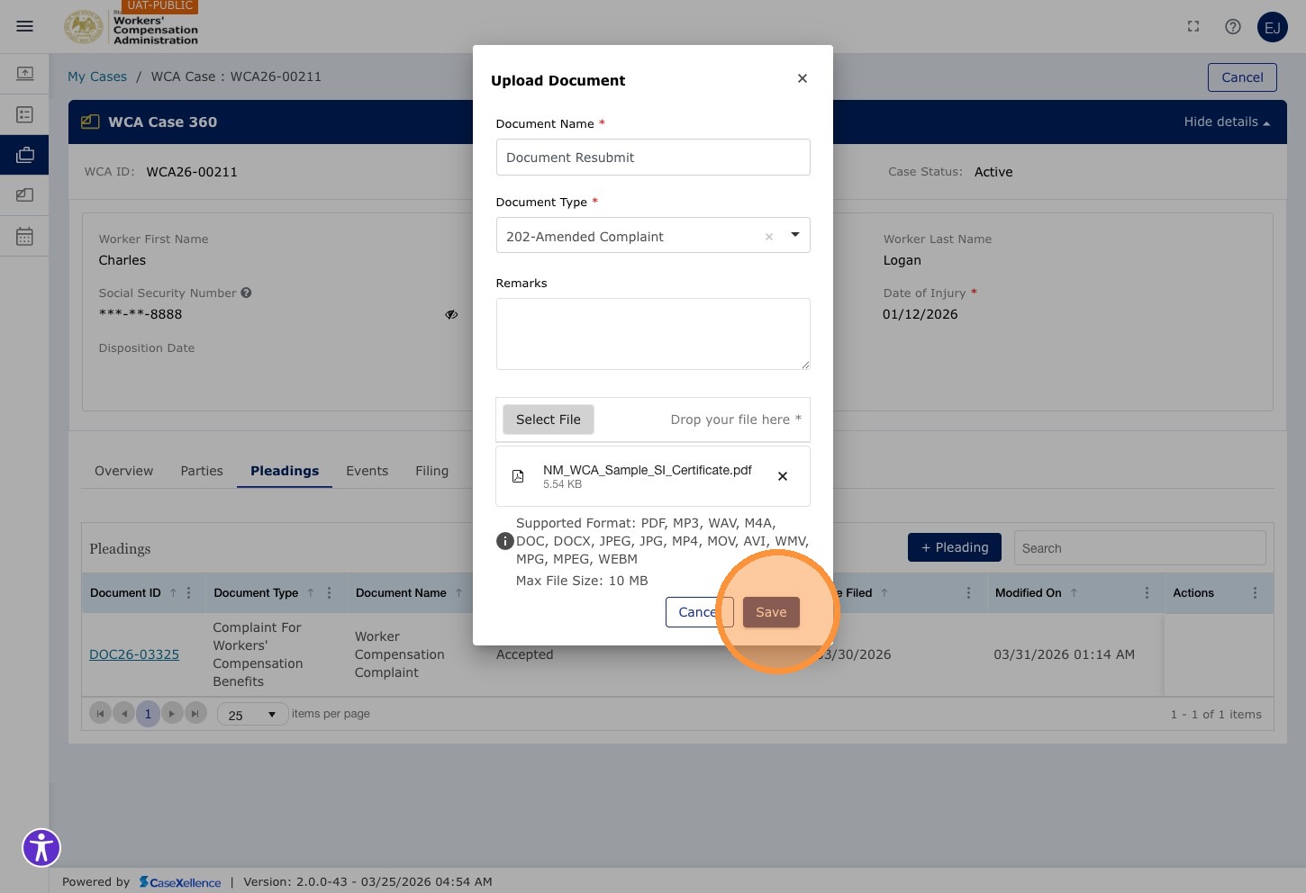 Upload Document modal — Document Name, Document Type, and file all selected. Save button highlighted.
