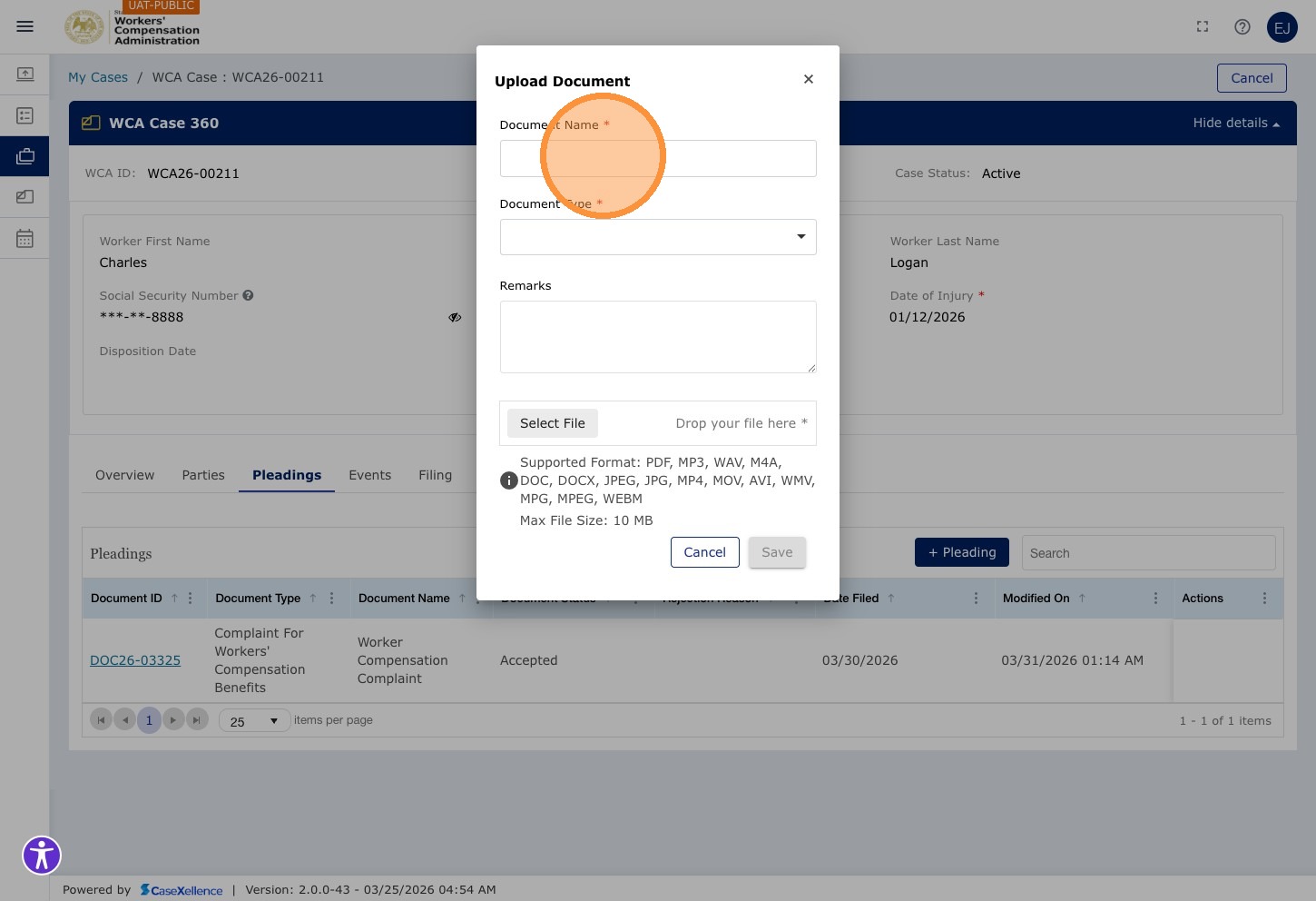 Upload Document modal — Document Name* text field highlighted. Fields visible: Document Name* (empty), Document Type* (dropdown), Remarks (text area), Select File button, Drop your file here*, Supported Format: PDF MP3 WAV M4A DOC DOCX JPEG JPG MP4 MOV AVI WMV MPG MPEG WEBM, Max File Size: 10 MB. Cancel and Save buttons at bottom.