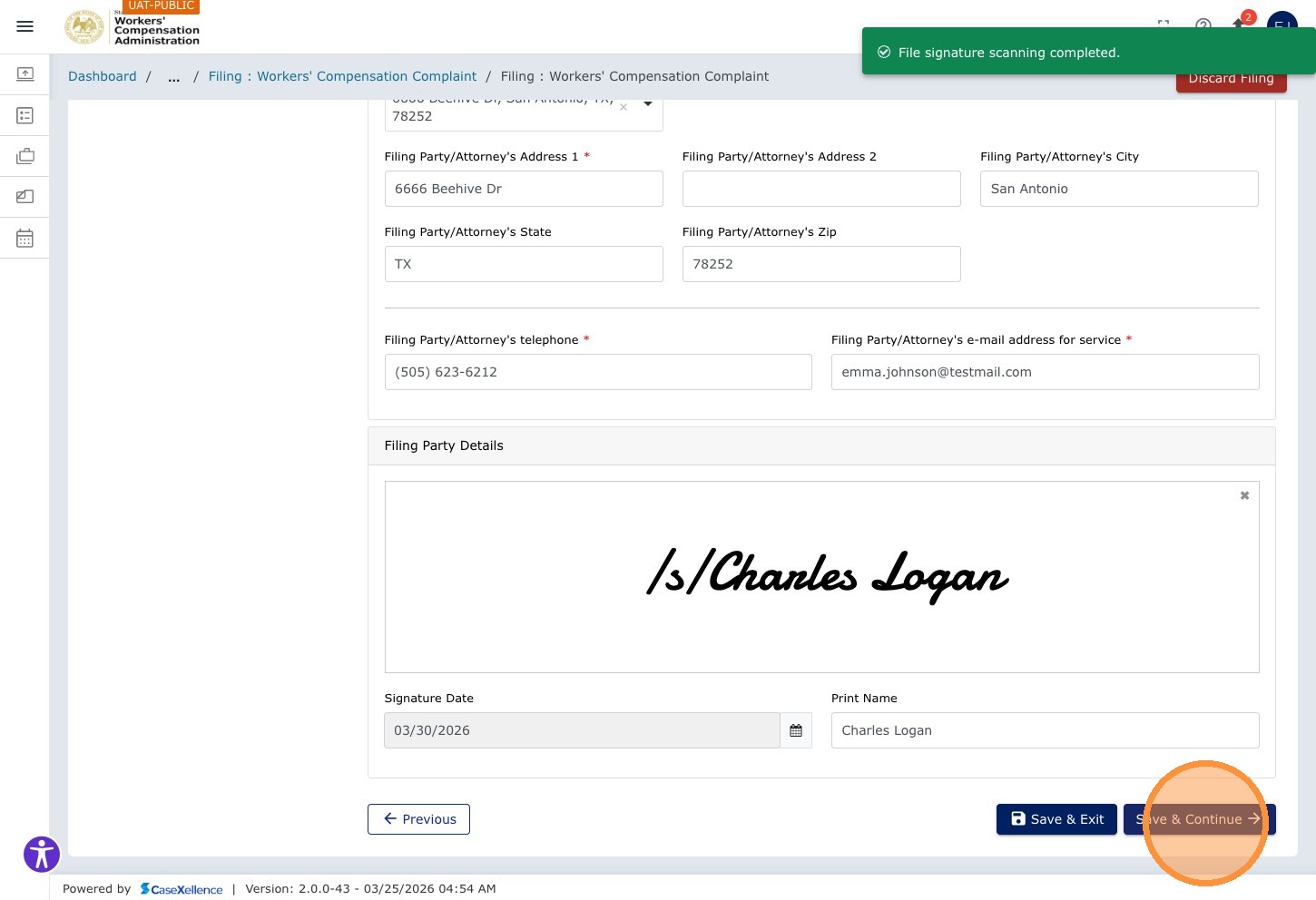 Signature chapter — Save & Continue button highlighted