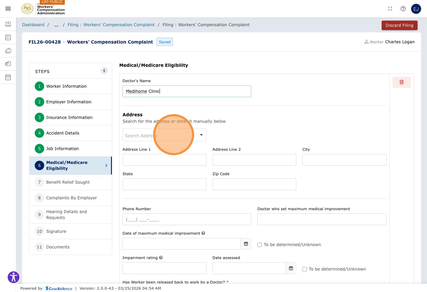 Medical Information — Doctor Search Address field highlighted