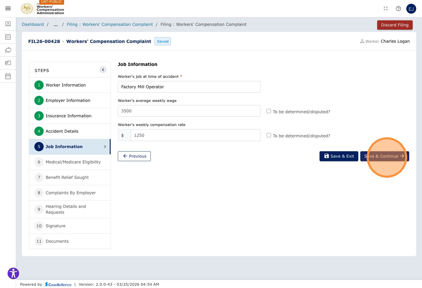 Employment Details — Save & Continue button highlighted