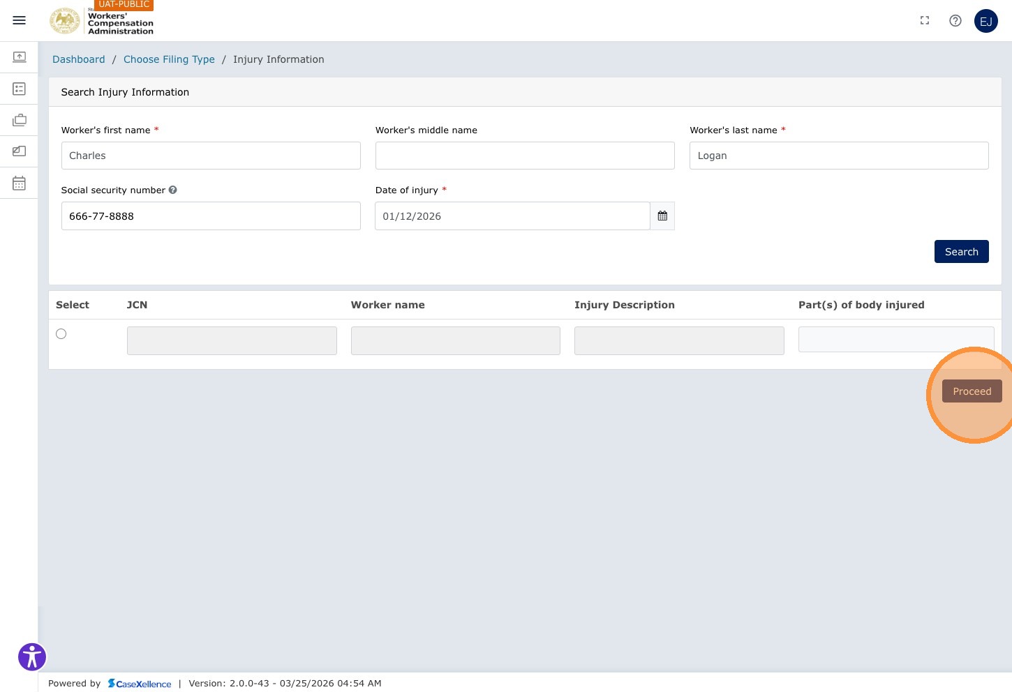 Worker Information — Proceed button highlighted after EDI search