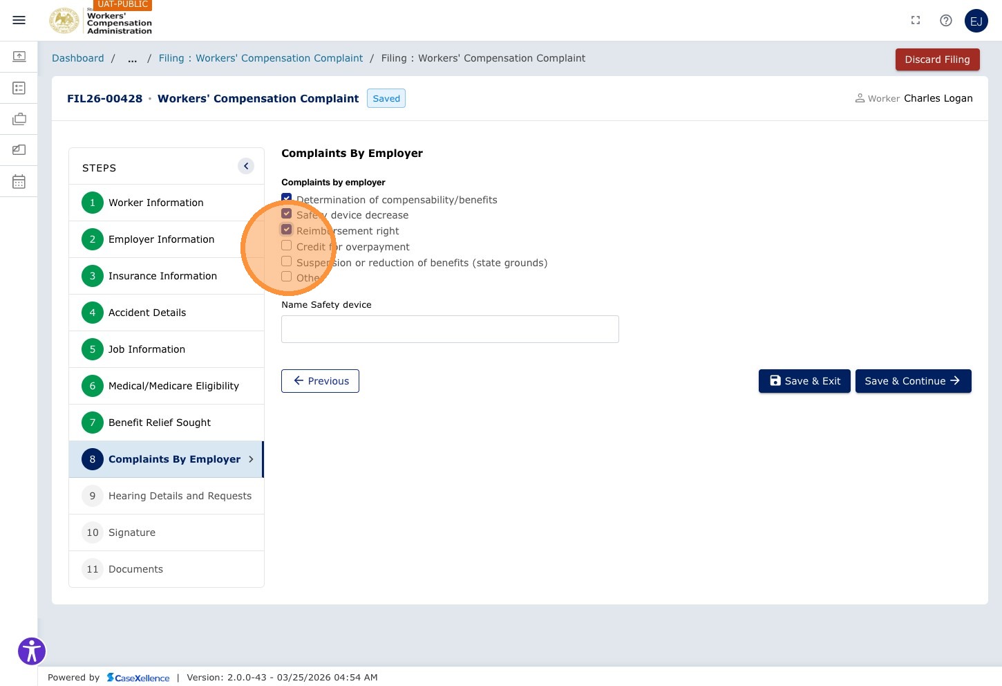 Complaints by employer — Credit for overpayment checkbox highlighted