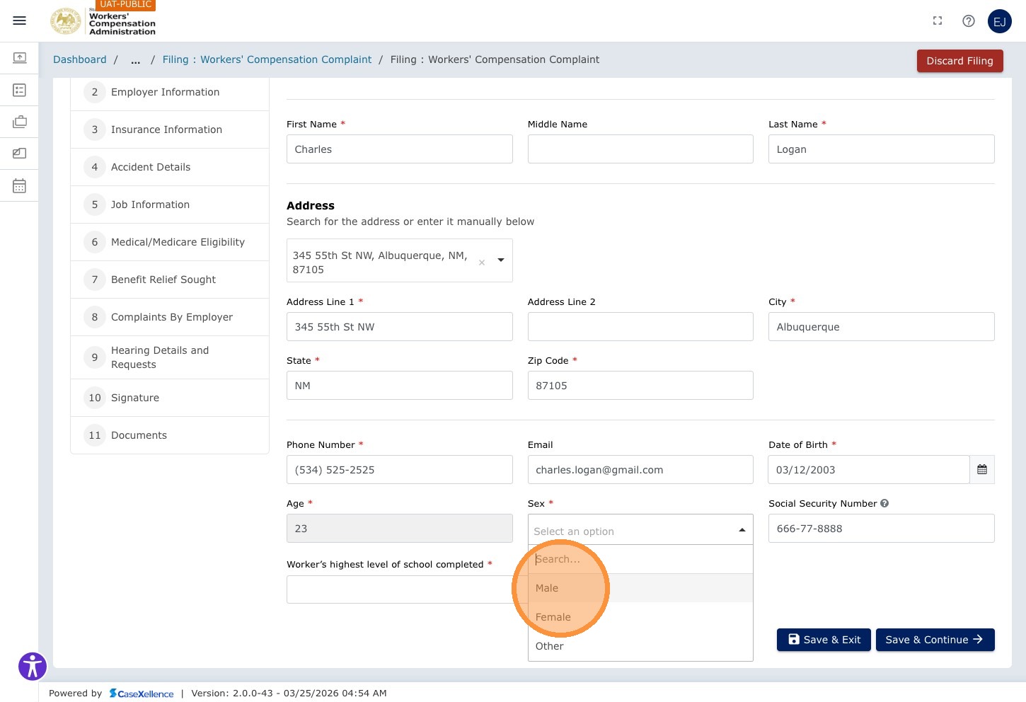 Gender dropdown — Male option highlighted