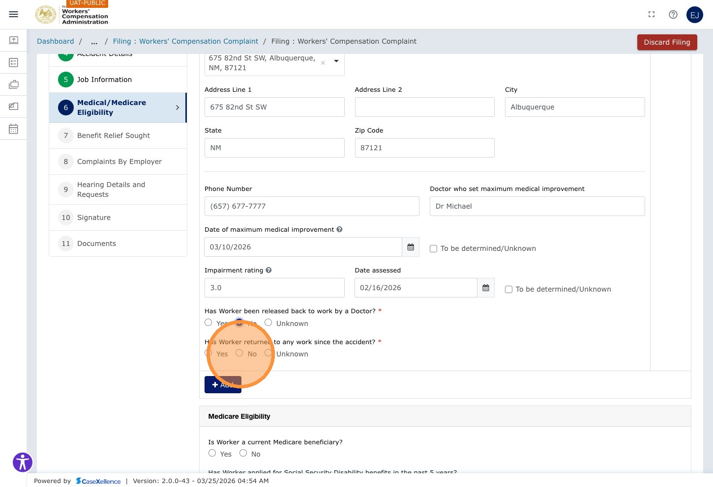 Medical Information — second Yes/No field highlighted (No selected)