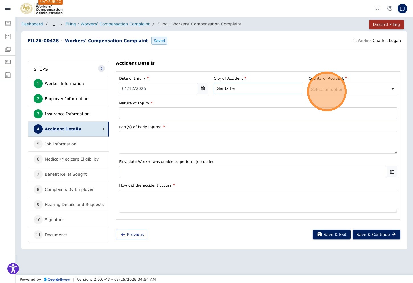 Accident Details — County dropdown showing Select an option