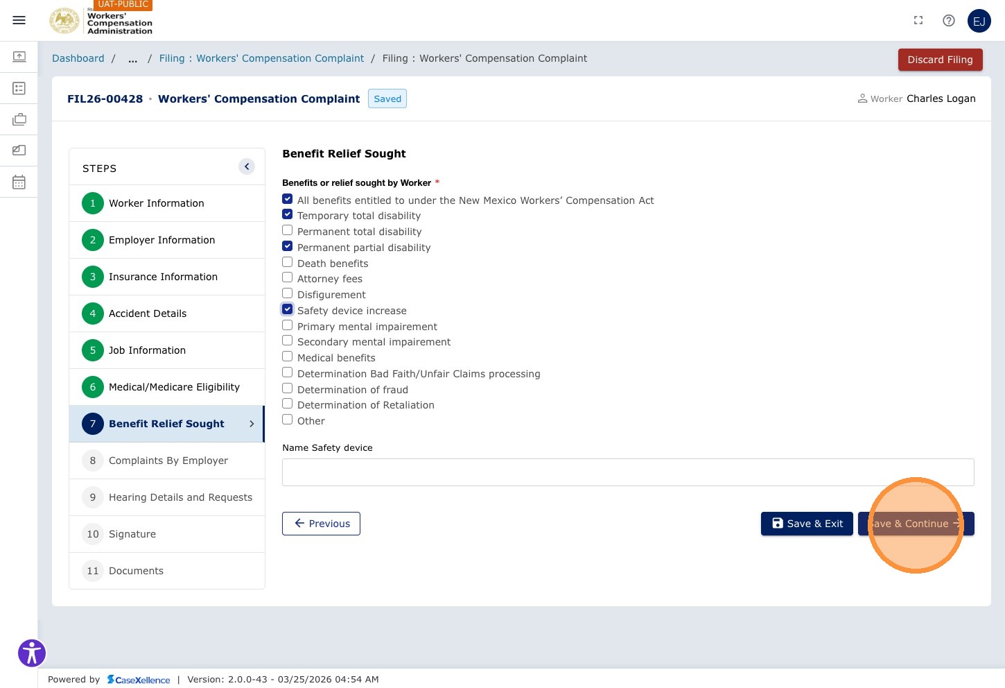 Benefits — Save & Continue button highlighted