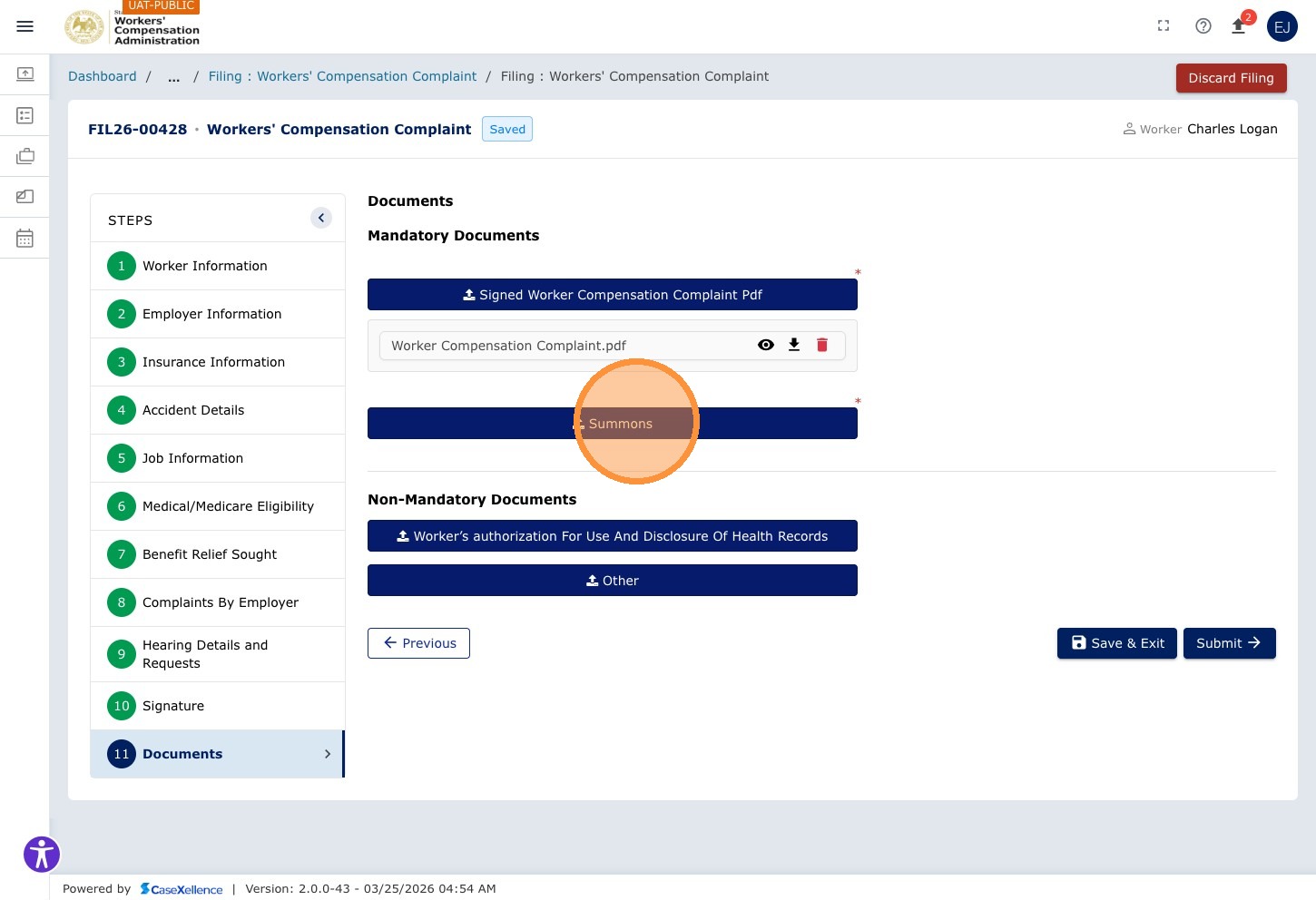 Documents chapter — Summons document listed and highlighted
