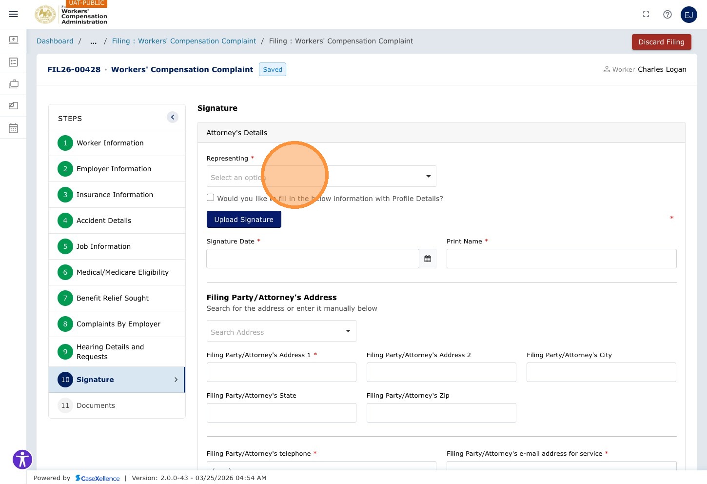 Signature chapter — filing party type dropdown showing Select an option