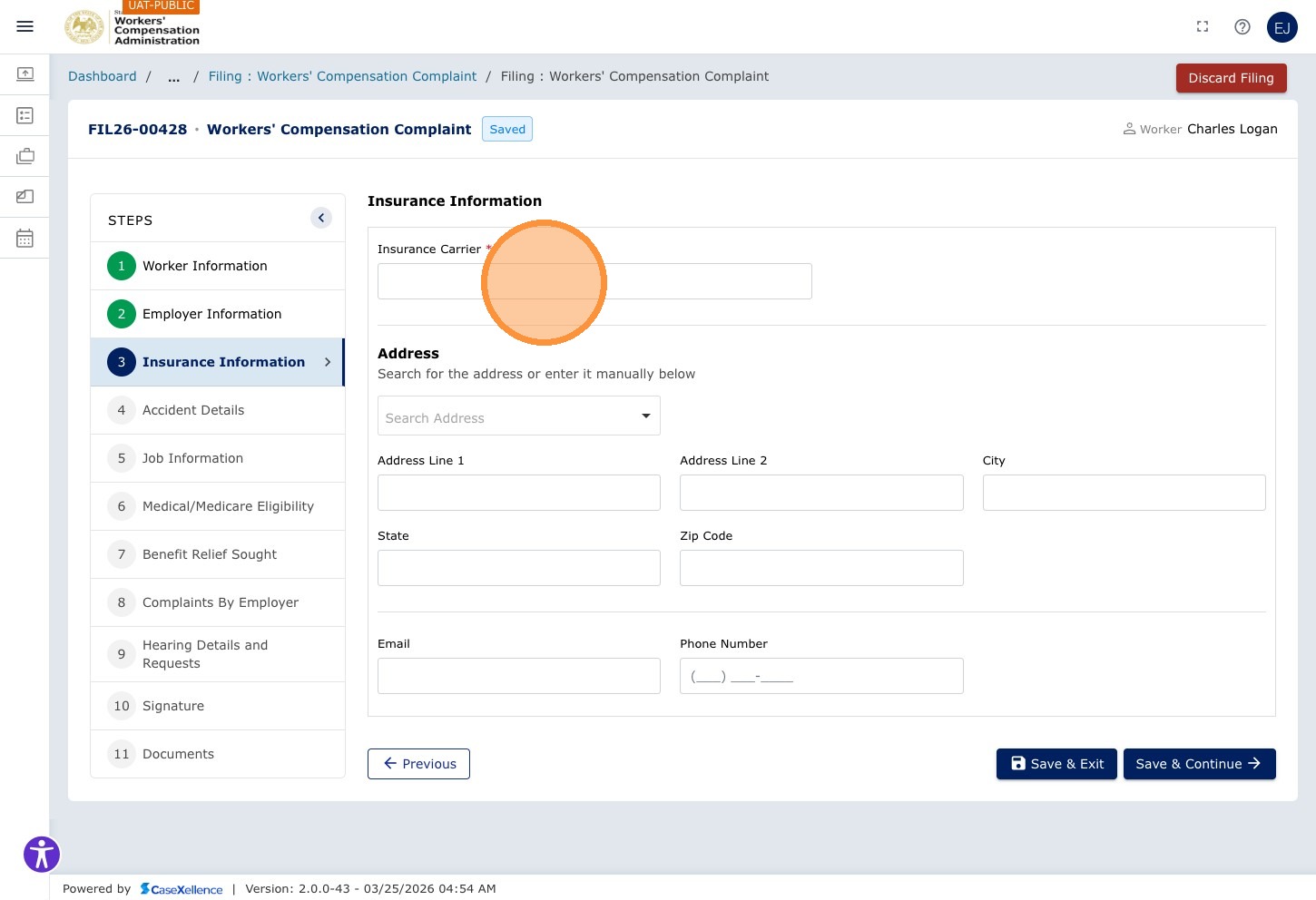 Insurance Carrier chapter — Insurance Carrier name field highlighted