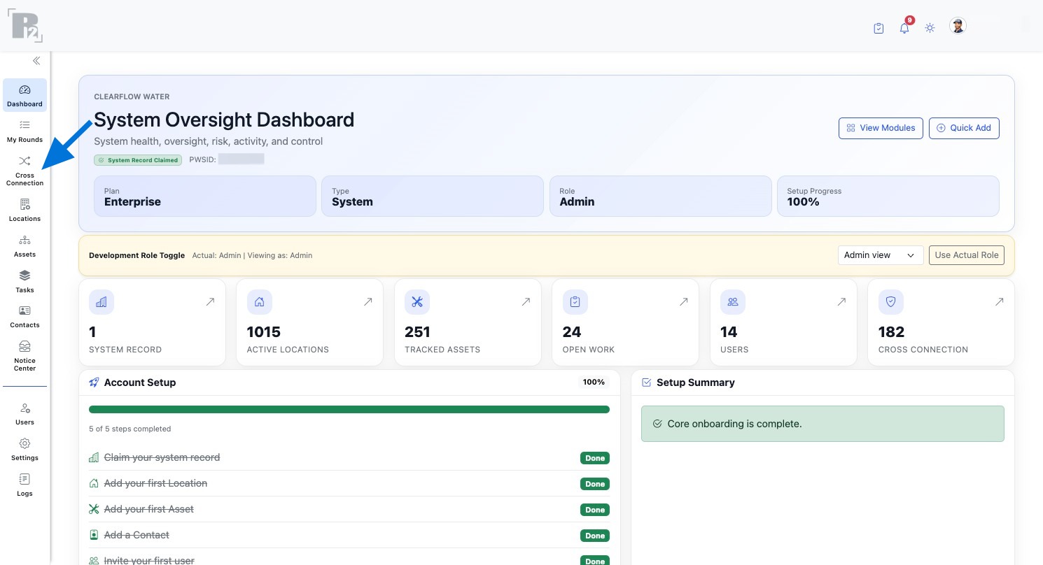 Open the Cross Connection module from the left navigation