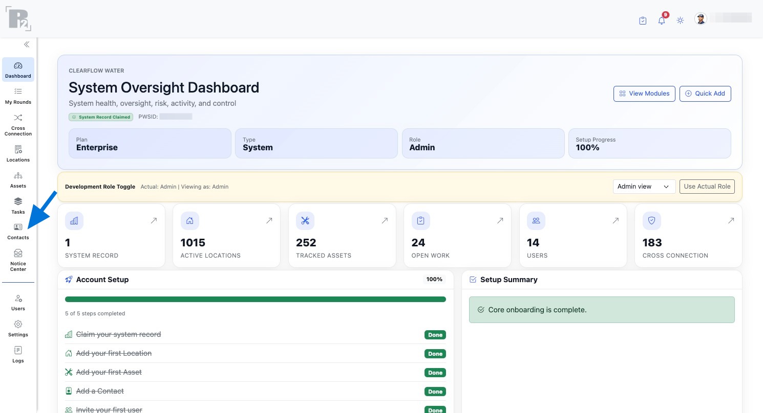Open the Contacts page from the left navigation