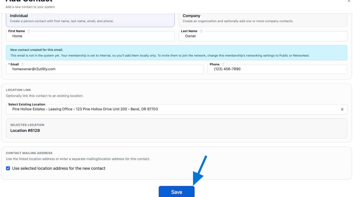 Click Save to create the contact