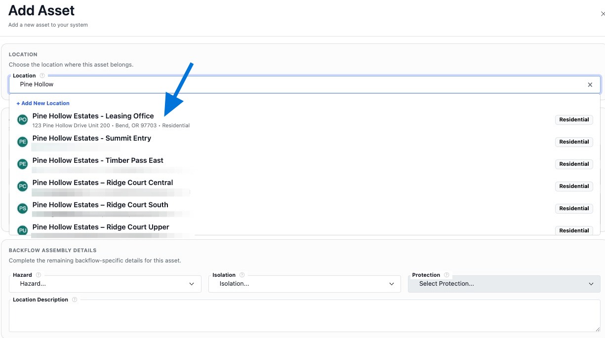 Search for and select the location where the assembly is installed