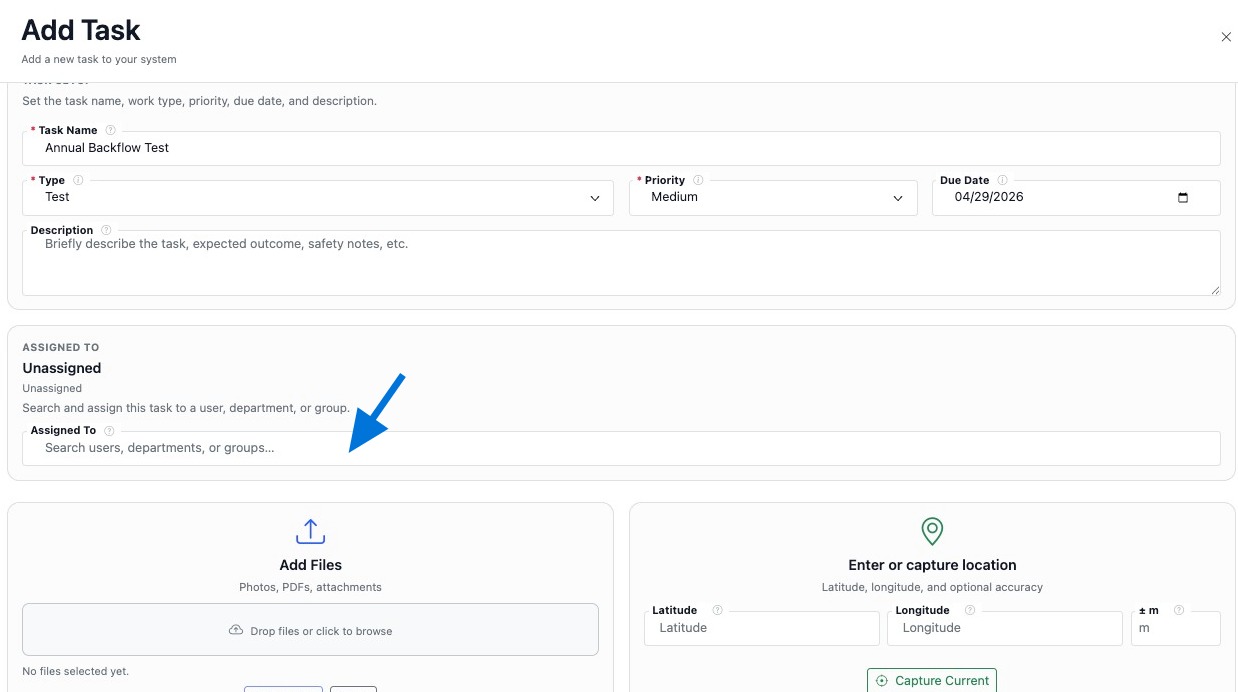 Use the Assigned To field to assign the task to a user in your system
