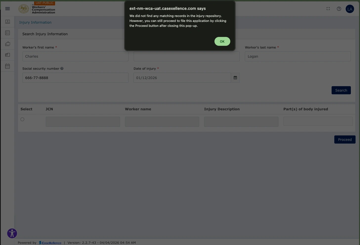 Worker Information — example when EDI search finds no matching record