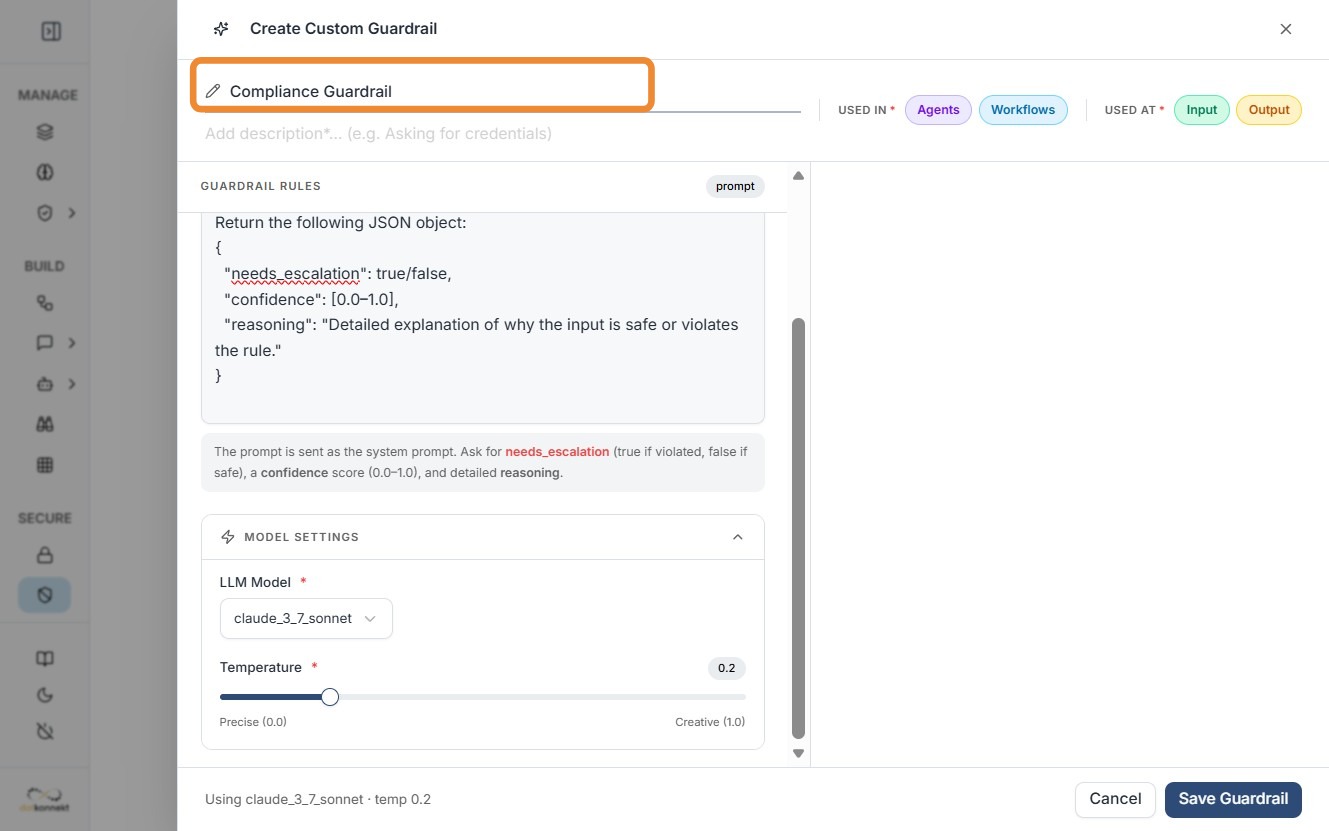 Define guardrail name, description, and rules