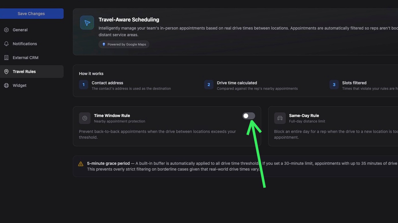 Travel Rules tab with toggle switches