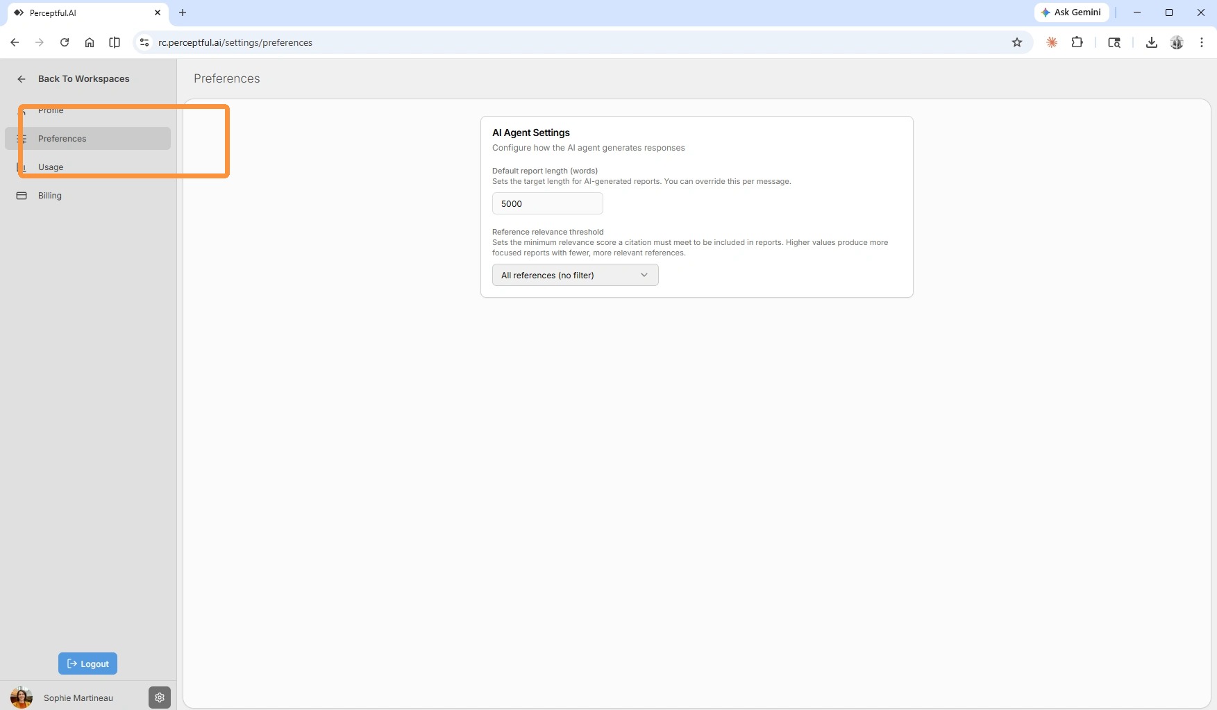 Preferences settings panel