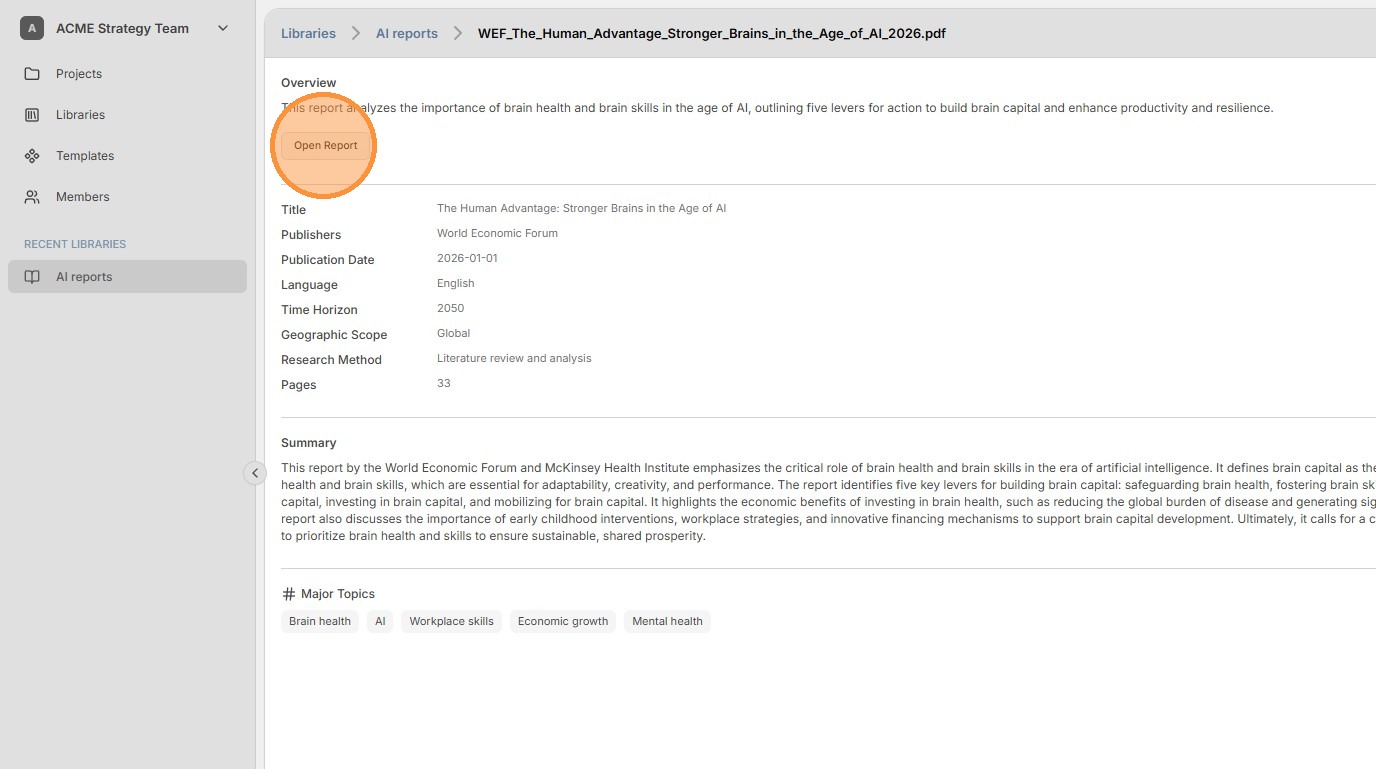 AI-generated summary with Open Report button