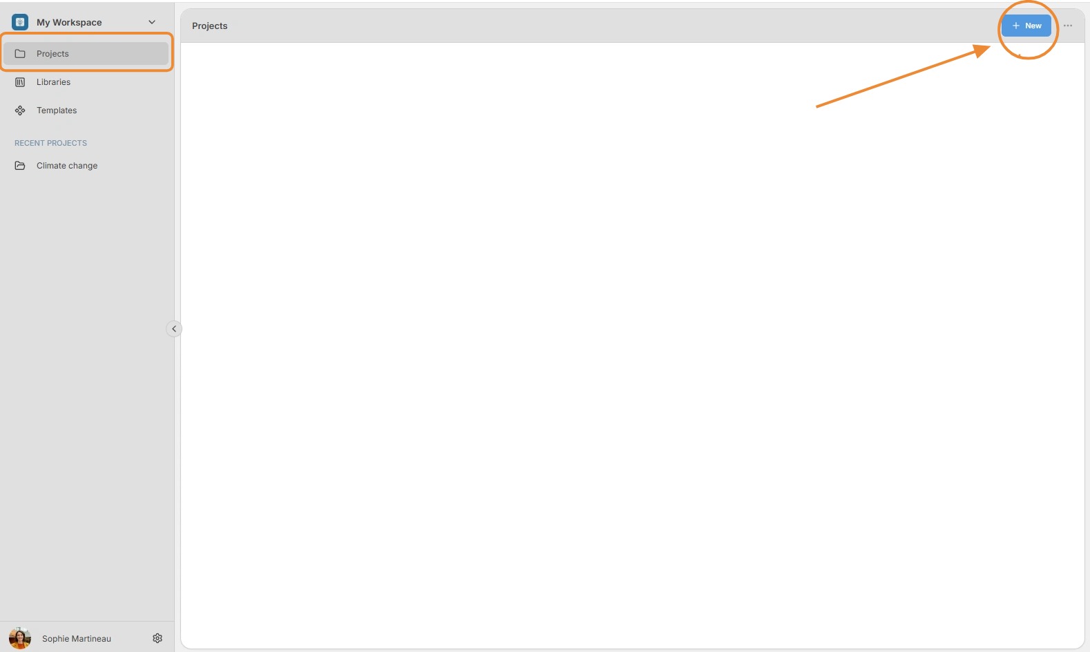 Click New in the Projects section
