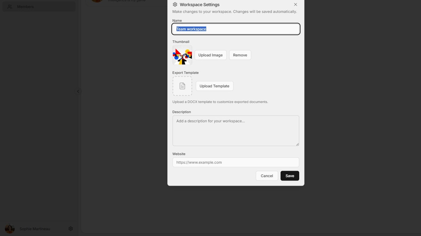 Workspace settings dialog