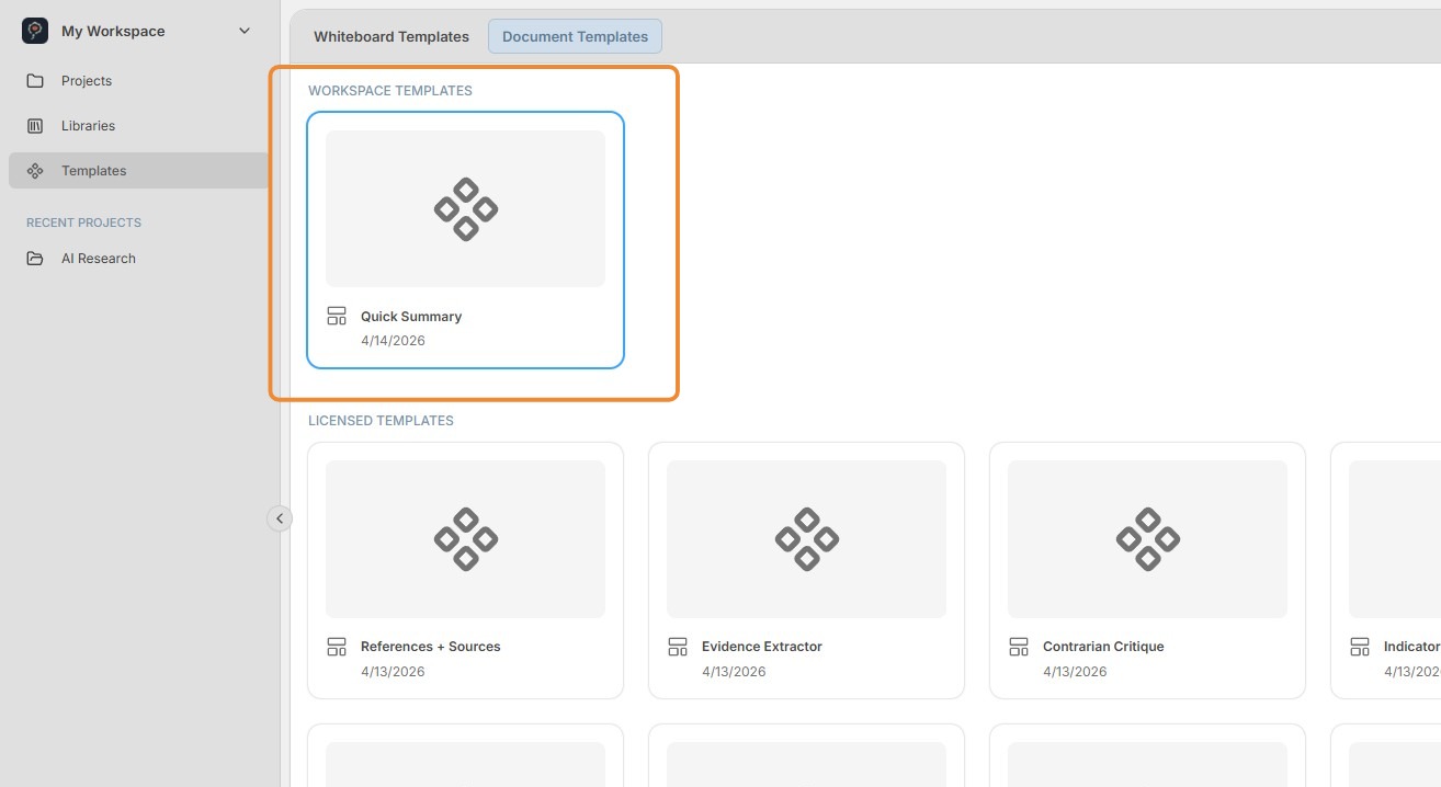 New template in the Workspace Templates list