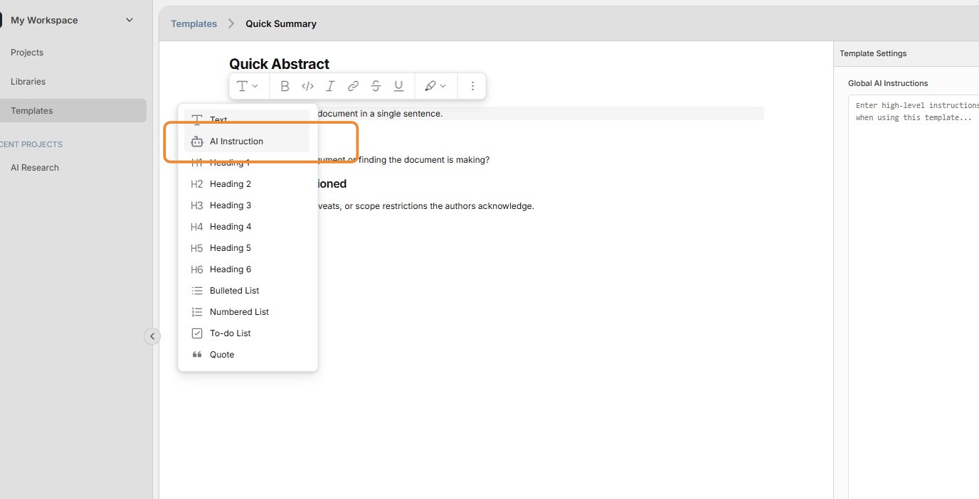 Creating an AI Instruction block in the template