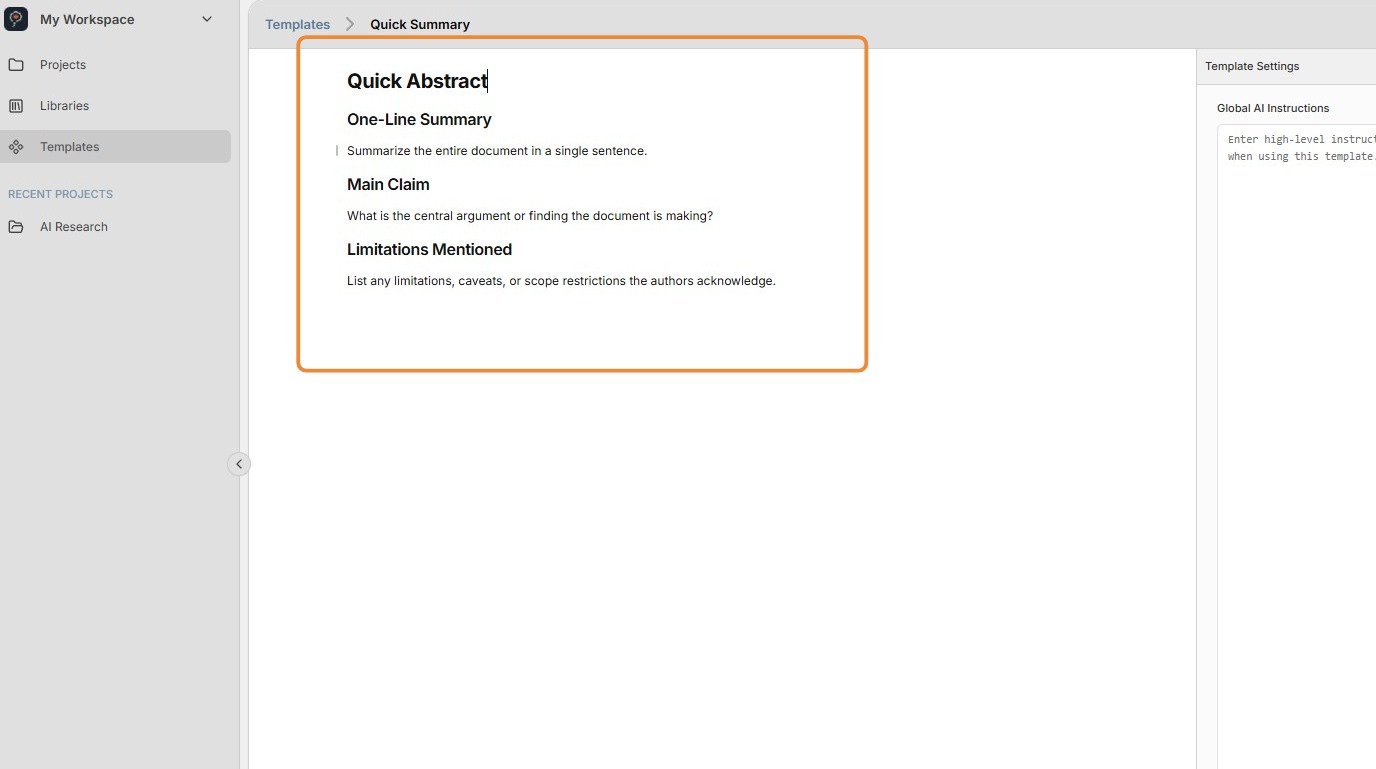 Template editor with full text editing capabilities