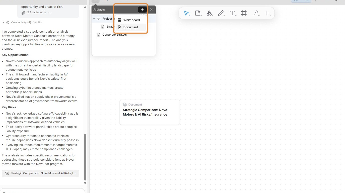 Create a new document from the Artifacts menu