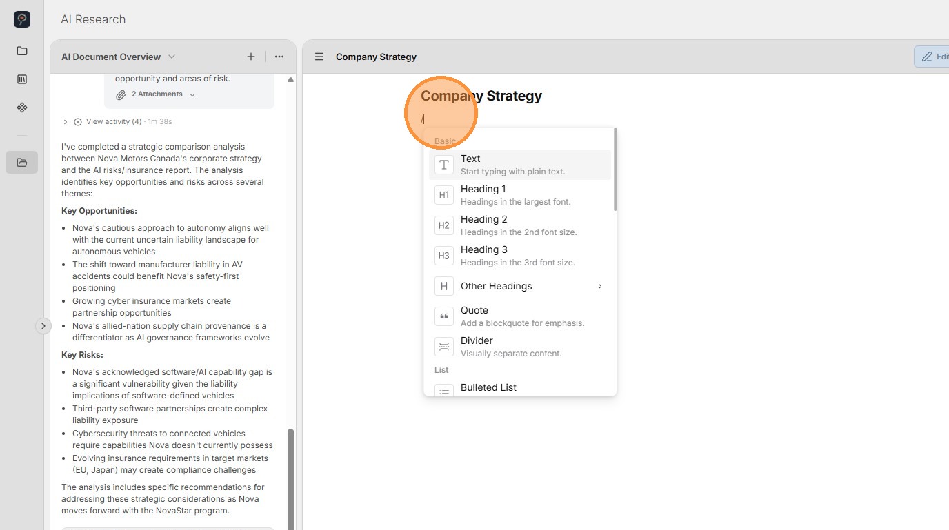 Formatting menu triggered by the / key