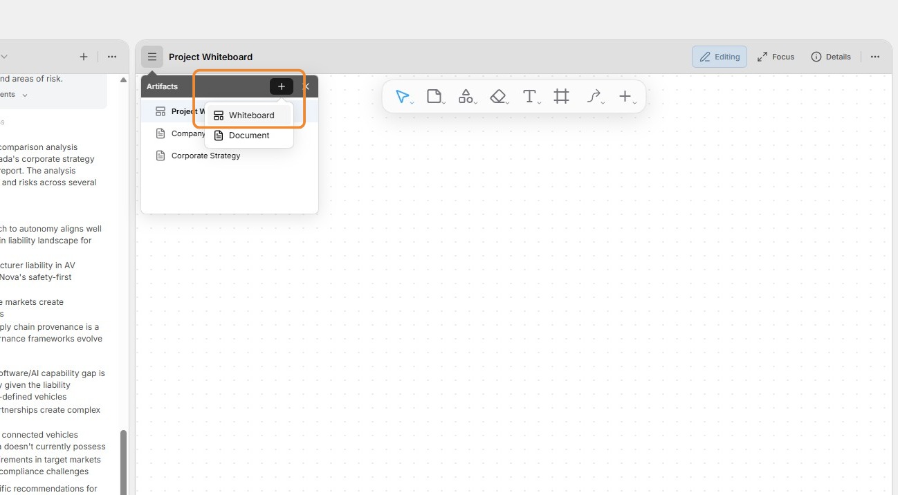 Create a new whiteboard via the Artifacts menu