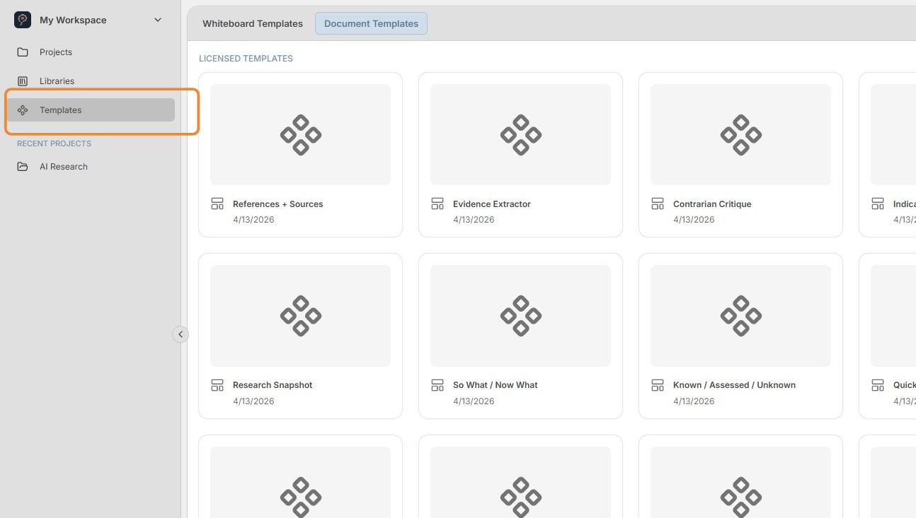 Templates section with licensed templates