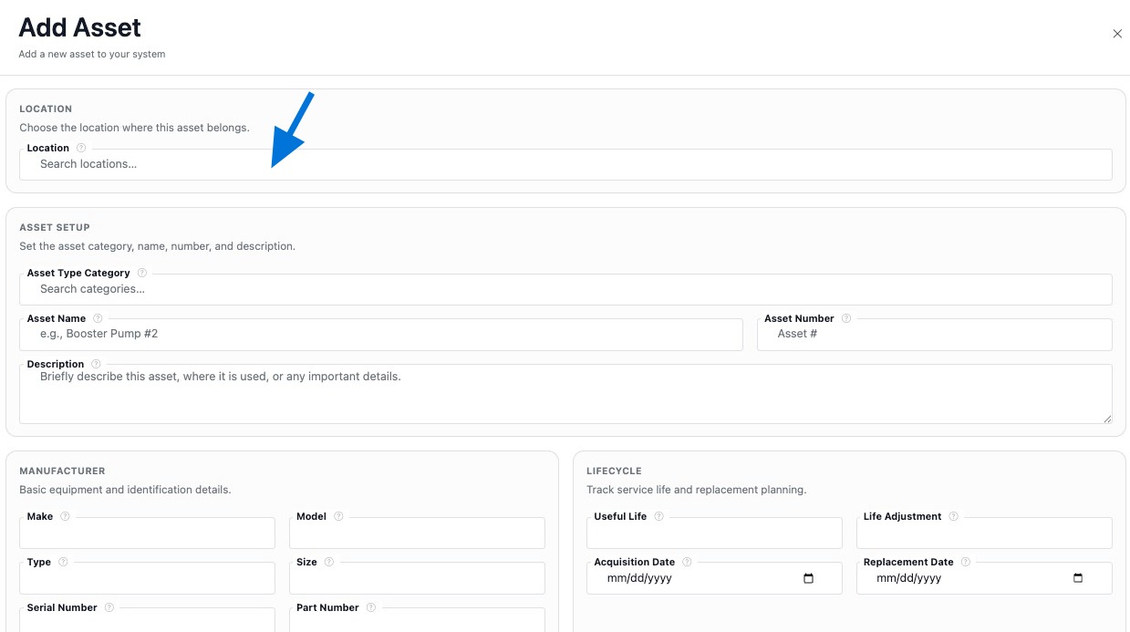 Use the Location field to link the asset to an existing location record