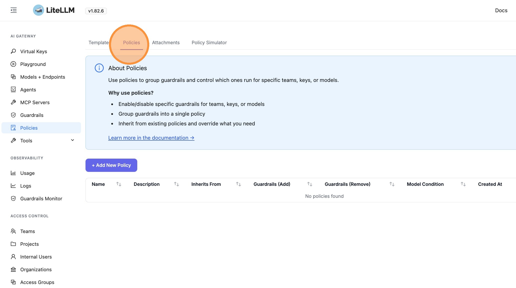 Policies tab in the Admin UI